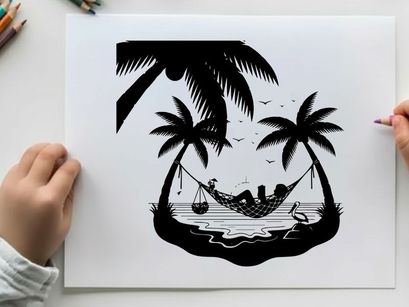 Couple relaxing in hammock between palm trees silhouette
