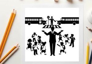 School crossing guard silhouette stopping children and buses