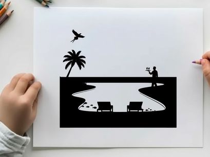 Serene beach scene with silhouette of man and palm tree