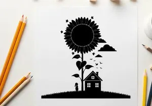 Silhouette of a sunflower and house with a person