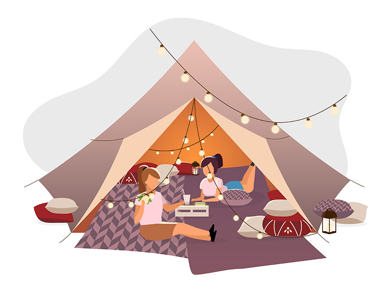 Girls resting in tent flat vector illustration.\