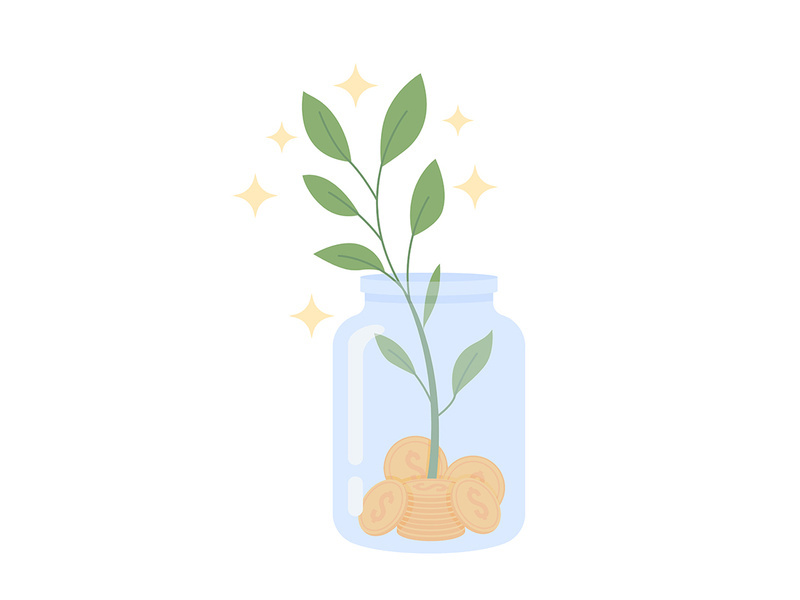 Glass jar with coins and sapling semi flat color vector object