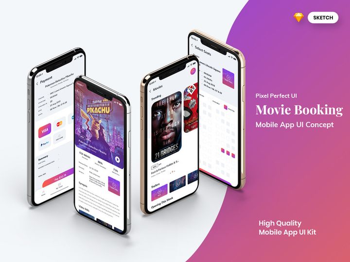 Movie Booking Mobile App UI Kit Light Version (SKETCH)