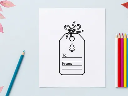 Tag de presente em preto e branco com ícone de árvore de Natal