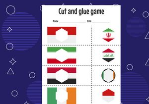 12 Pages Cut and glue game for kids with country flag. Cutting practice for preschoolers. Education paper game for children