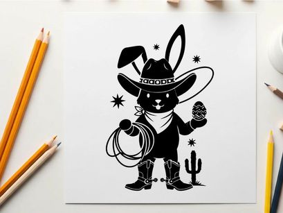 Black silhouette bunny cowboy with cactus and lasso silhouette