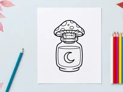 Karikatur-Pilz in Giftglas für Halloween-Deko. Verspielter giftiger Knollenblätterpilz-Container für gruselige saisonale Bastelprojekte.