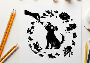 Silhouette of a dog surrounded by various objects circularly arranged