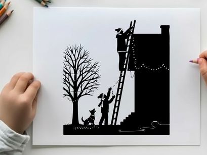 Silhouette of people decorating a house with christmas lights