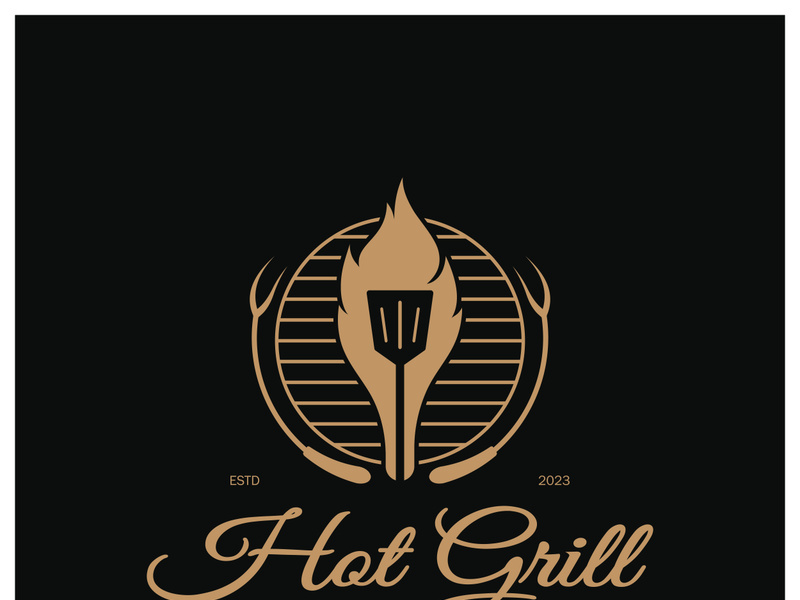 Simple Barbecue Vintage hot grill, with crossed flames and spatula. Logo for restaurant, badge, cafe and bar.vector