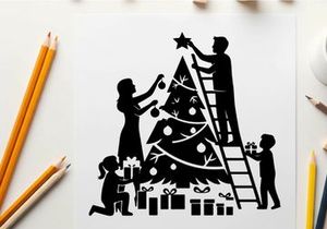 Family decorating christmas tree silhouette
