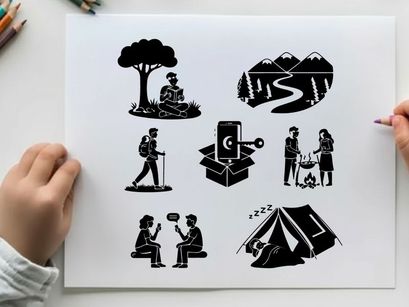 Silhouette illustrations of people camping and outdoor activities silhouette