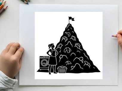 Silhouette of woman standing beside enormous pile of laundry