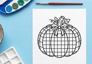 Plaid pumpkin line art illustration. Autumn harvest vegetable drawing with a decorative bow.