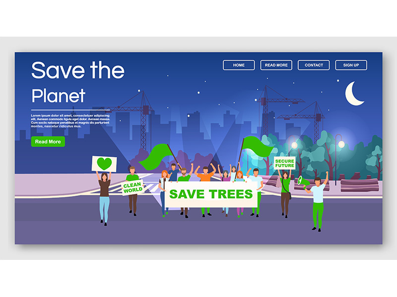 Save the planet demonstration landing page vector template
