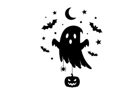 Halloween silhouette of a ghost with bats and pumpkin