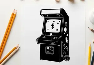 Vintage arcade machine silhouette with lightning bolt logo
