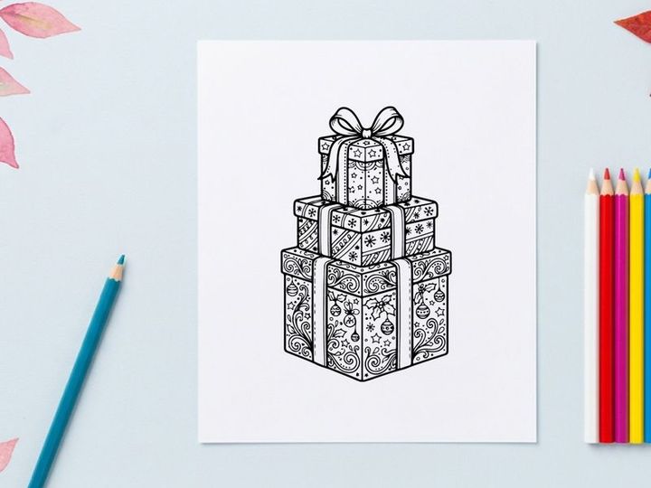 Pilha de caixas de presente de Natal com laços, ilustração em arte de linha preto e branco.
