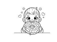 Cute baby eating donut with hearts vector illustration