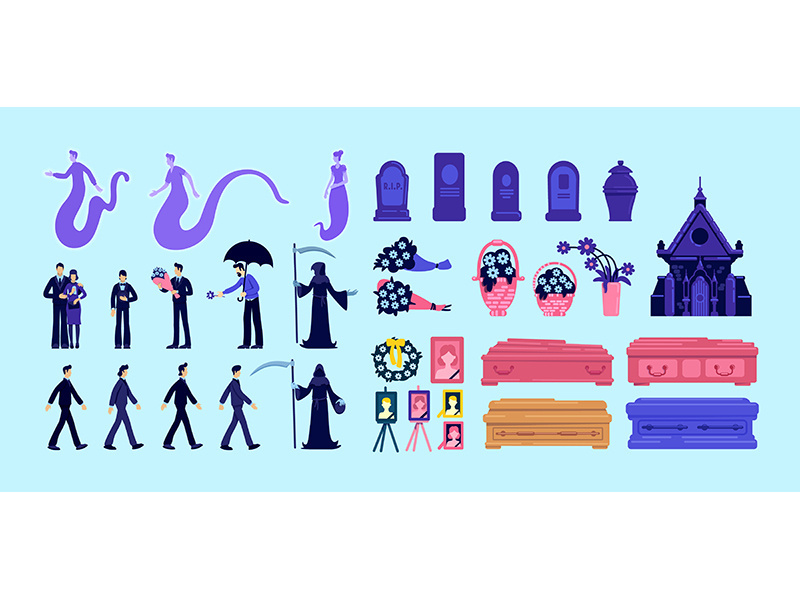 Death and funeral flat color vector objects set