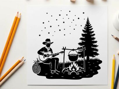 Silhouette of a man playing guitar by campfire silhouette