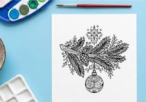 Christmas pine branch with hanging bauble ornament and star line art illustration