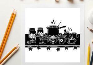 Silhouette of kitchen utensils and cookware on a table