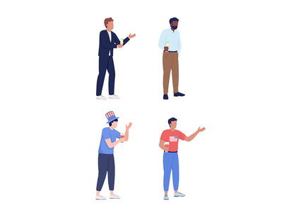 Young men raising toast semi flat color vector characters set
