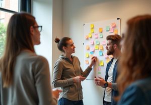 A team of designers brainstorms using sticky notes on a whiteboard.