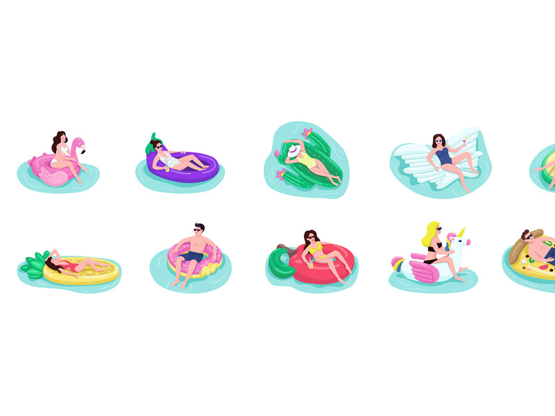 People float on air mattresses flat color vector faceless characters set
