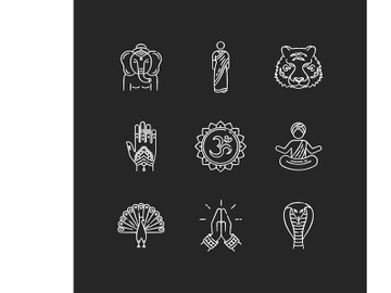 Indian spiritual symbols chalk white icons set on black background preview picture