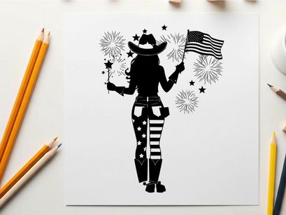 Patriotic american silhouette with flag and fireworks