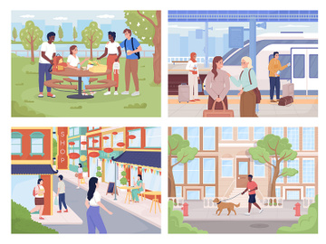 Life in modern city color vector illustration set preview picture