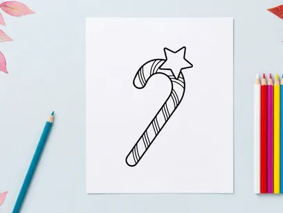 Christmas candy cane with star icon, simple black and white line art vector illustration.