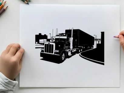 Silhouette of a semi truck on the road with trailer
