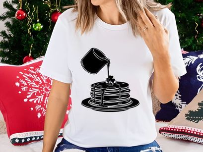 Black syrup pouring on golden pancake stack isolated illustration