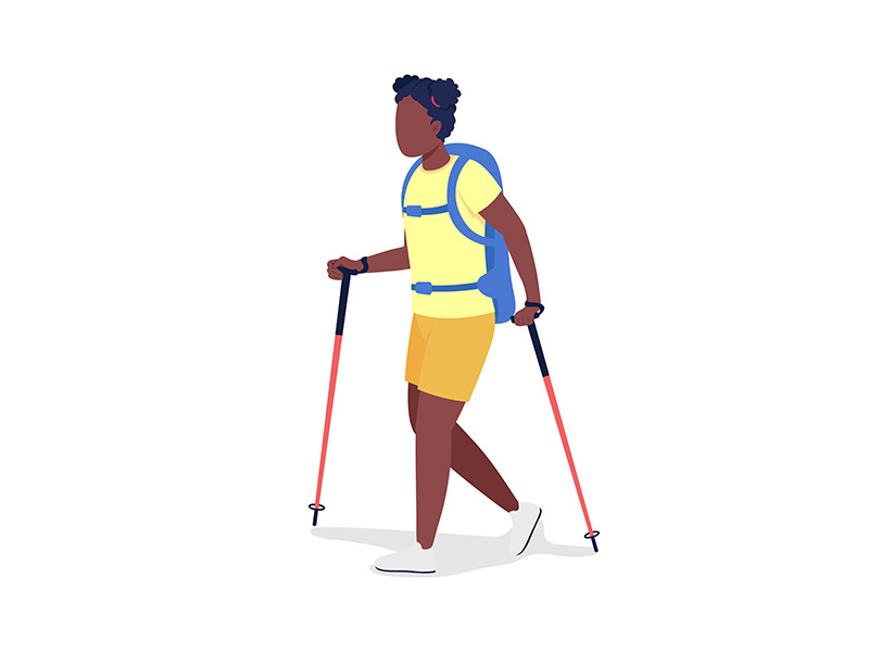 Girl with backpack hiking semi flat color vector character