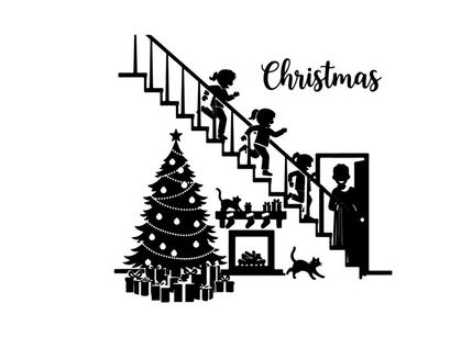 Christmas silhouette of family and children on stairs