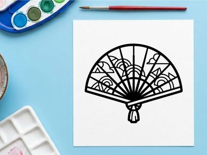 Handheld black paper fan with geometric lace pattern. Elegant vintage decorative accessory for parties and events.