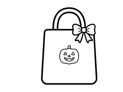 Halloween pumpkin face on gift bag with bow. Cute cartoon jack-o-lantern drawstring party favor for kids and adults.