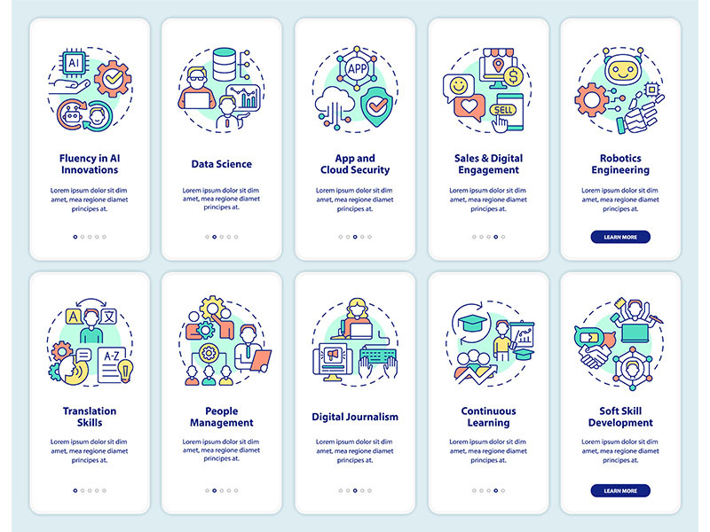 Digital skills and career development onboarding mobile app screen set