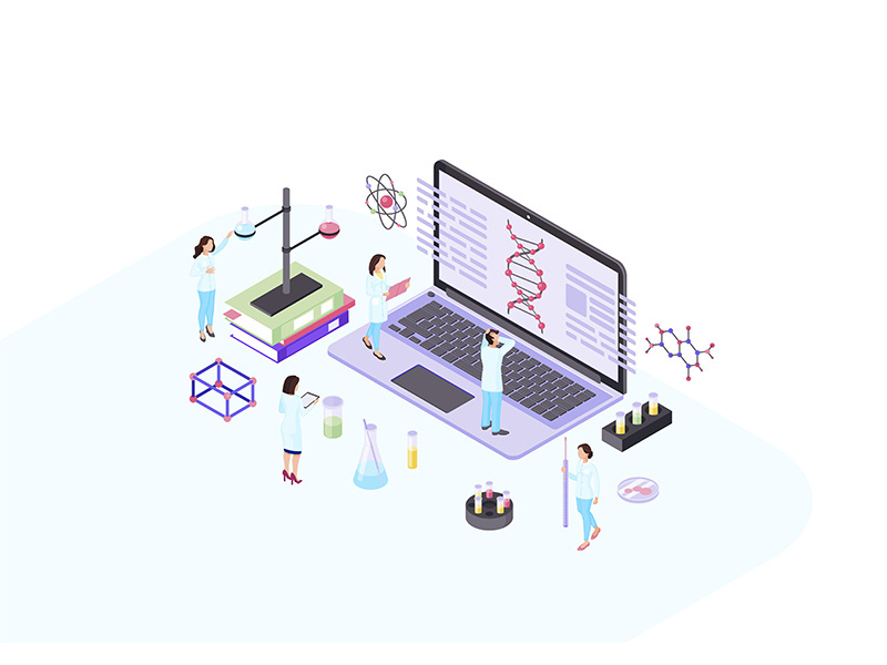 Scientists, geneticist, academics, biologists, research workers isometric color vector illustration