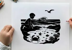 Boy exploring tide pool on rocky seashore by ocean waves