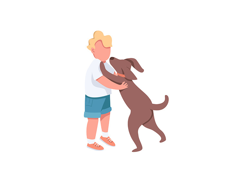 Boy play with dog flat color vector faceless characters