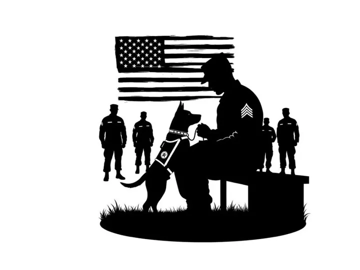 Silhouette of a soldier with service dog and american flag
