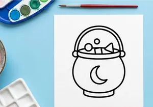 Halloween witch cauldron icon. Black and white line art of a magic pot with moon symbol.