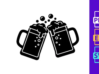 Two beer mugs clinking with frothy foam isolated black background