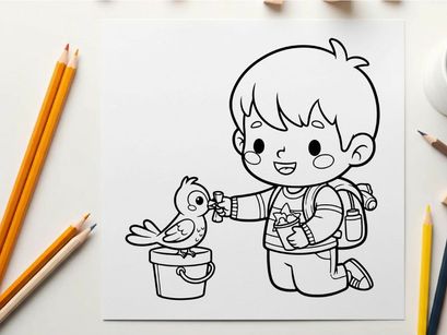 Cute boy feeding bird flat design vector illustration