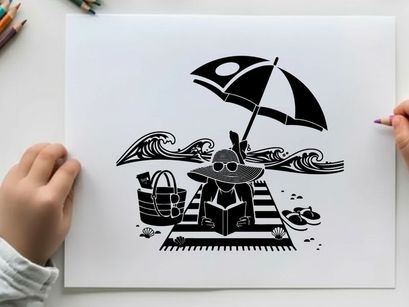 Beach scene silhouette with umbrella and beach bag