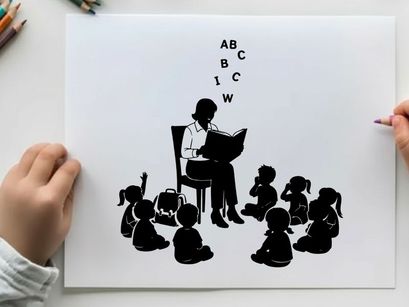 Silhouette of teacher reading to children in a classroom setting